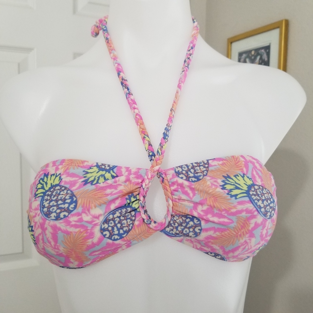 AEO Halter Bikini Top Pink & Blue Pineapple XS EUC